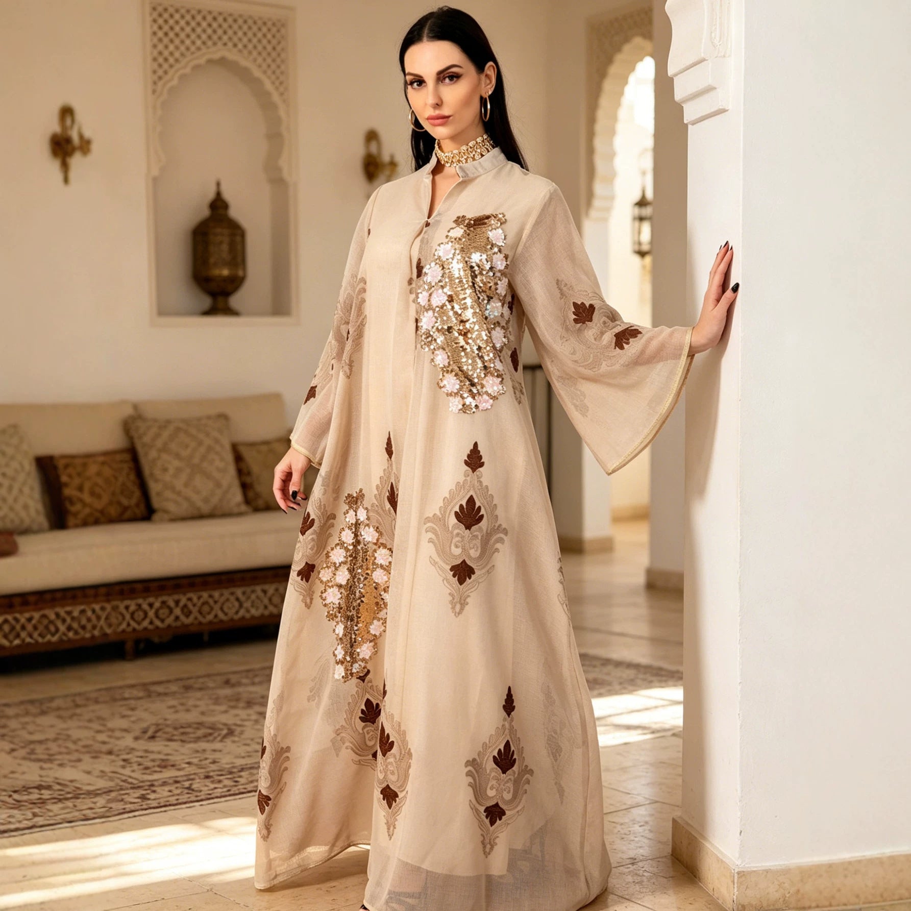 Sequin Leaf Embroidered Cardigan Abaya Dress Open Front Long Robe Modest Maxi Dress for Muslim Women Eid Ramadan S-XXL