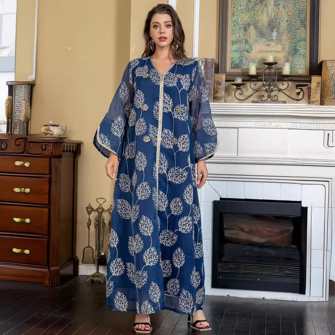 Pan-Arab Retro Botanical Modest Open Robe Light Sheer Navy Fabric Hand-Stitched Leaf Motifs Wide Flared Sleeves Unfitted Floor Silhouette