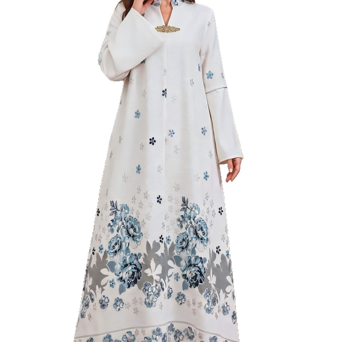 Emerald Blue V-Neck Rhinestone Embellished Modest Maxi Abaya Dress