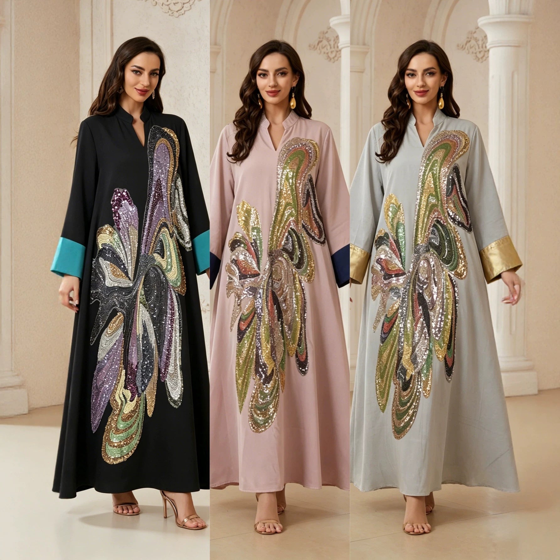 3 Colors Stand Neck Modest Abaya Heavy Multicolor Sequin Embroidery Flowy Muslim Evening Kaftan Robe