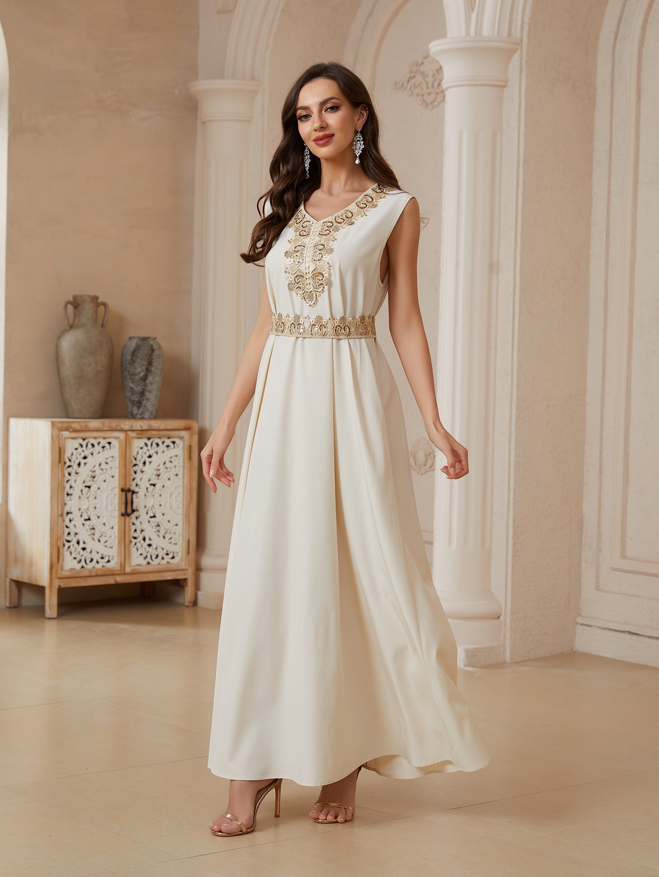 Cream & Lavender Two Piece Abaya Set Handcrafted Gold Embroidery Moroccan Evening Kaftan