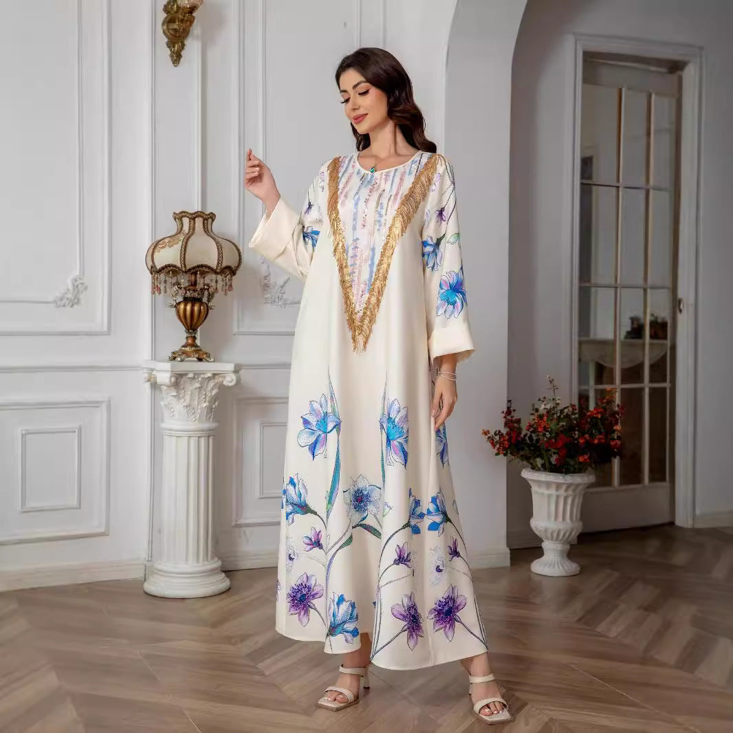 Ivory Printed Evening Abaya - Modest Party Dress Long Robe