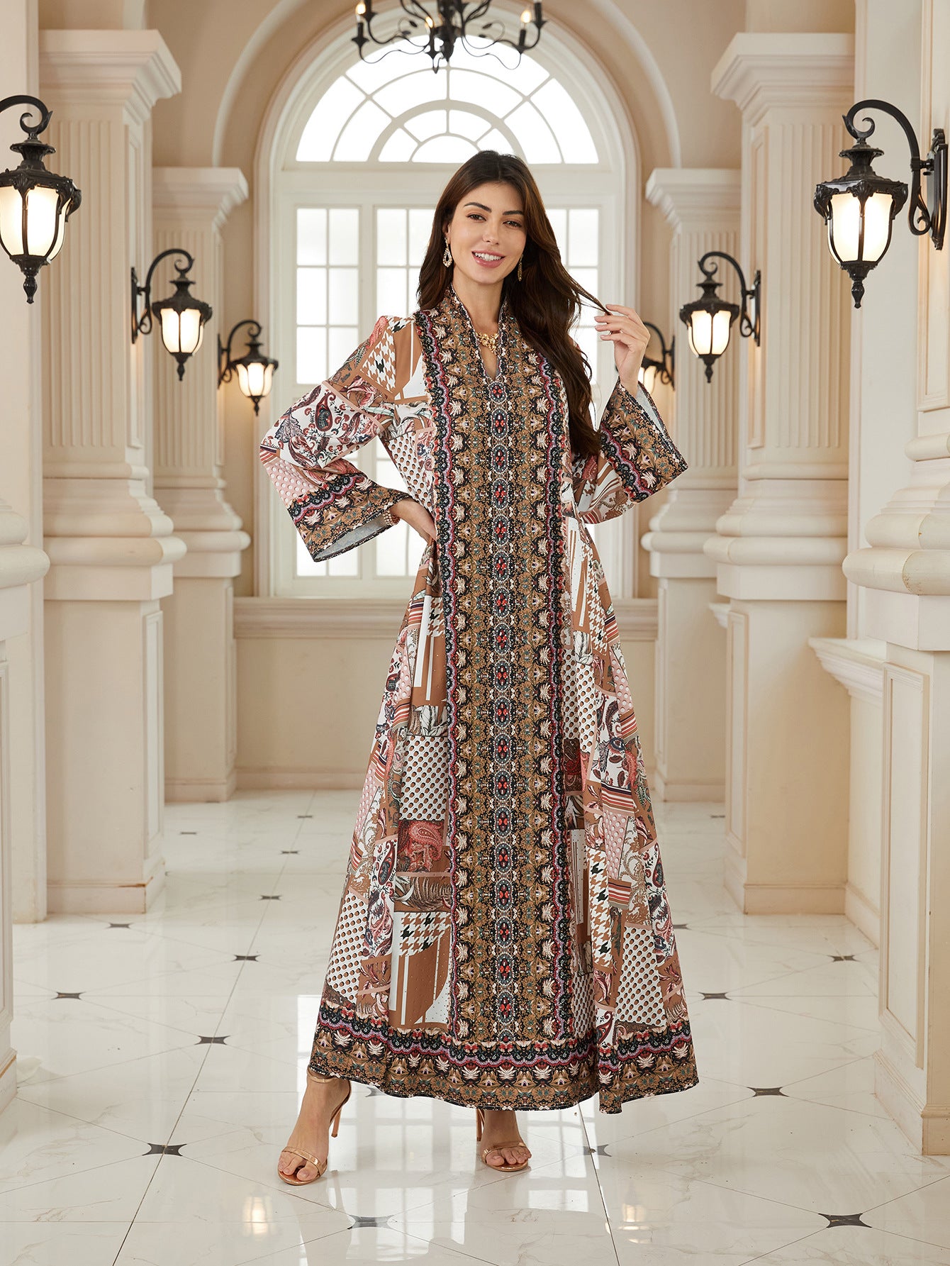 Charming Floral Jalabiya – Rhinestone Embroidered Muslim Maxi Dress