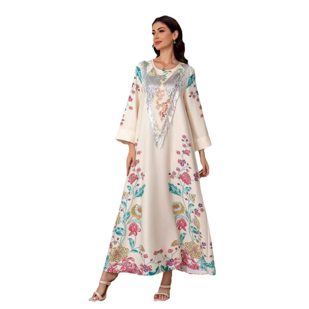 Ivory Floral Print Pullover Abaya - All-Over Stretch Modest Maxi Dress
