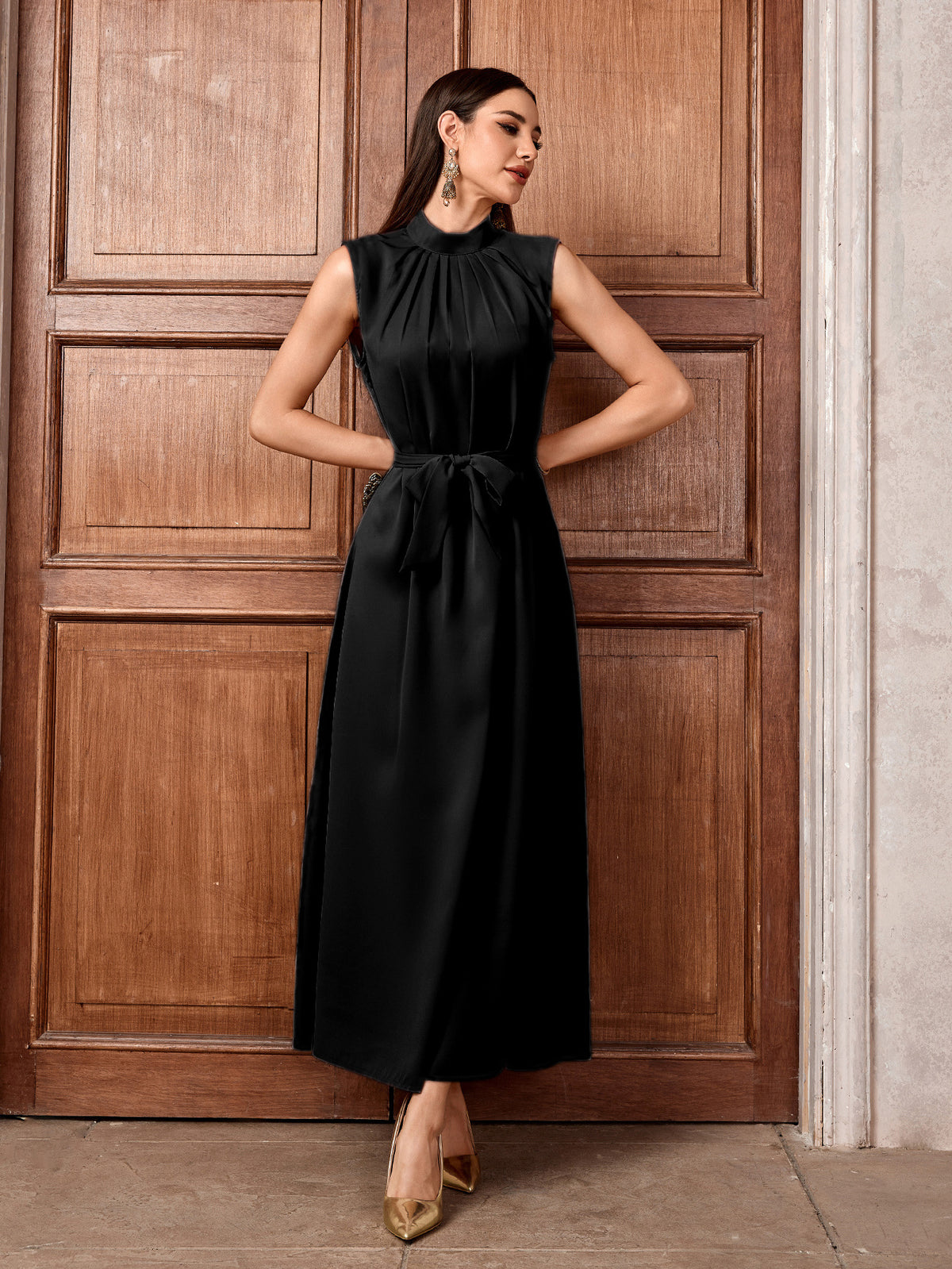 Black Pink Brick Red Sleeveless High Neck Belted Long Maxi Dress Modest Muslim Inner Abaya