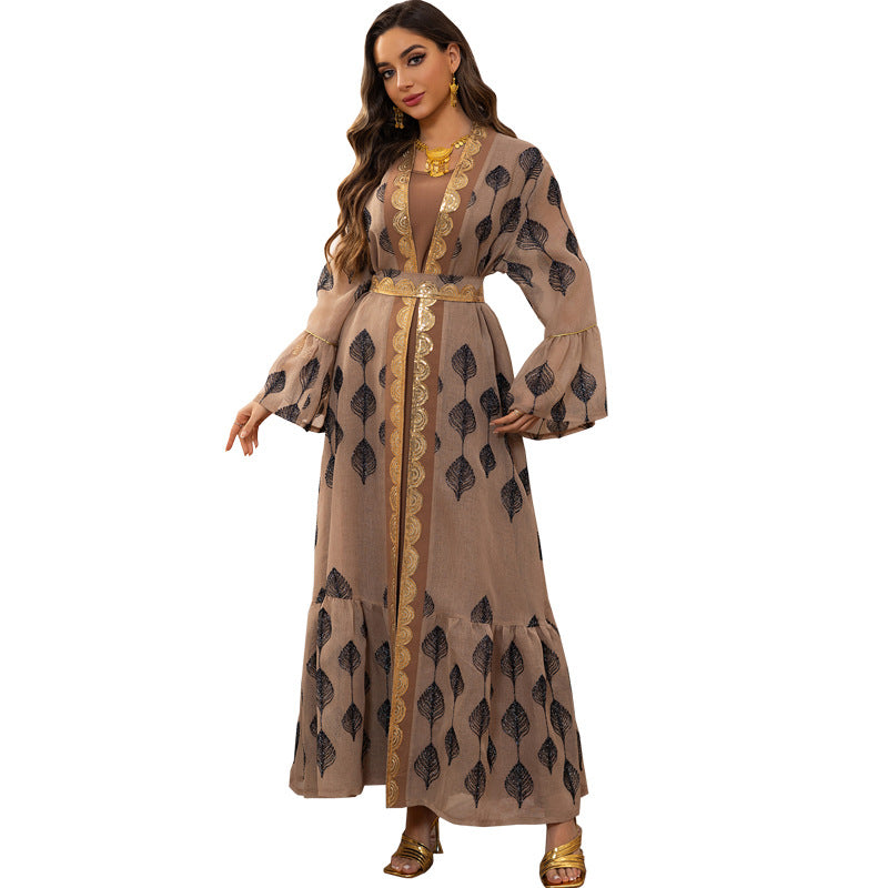 Khaki Embroidered Mesh Floral Pullover Maxi Dress Set with Vest