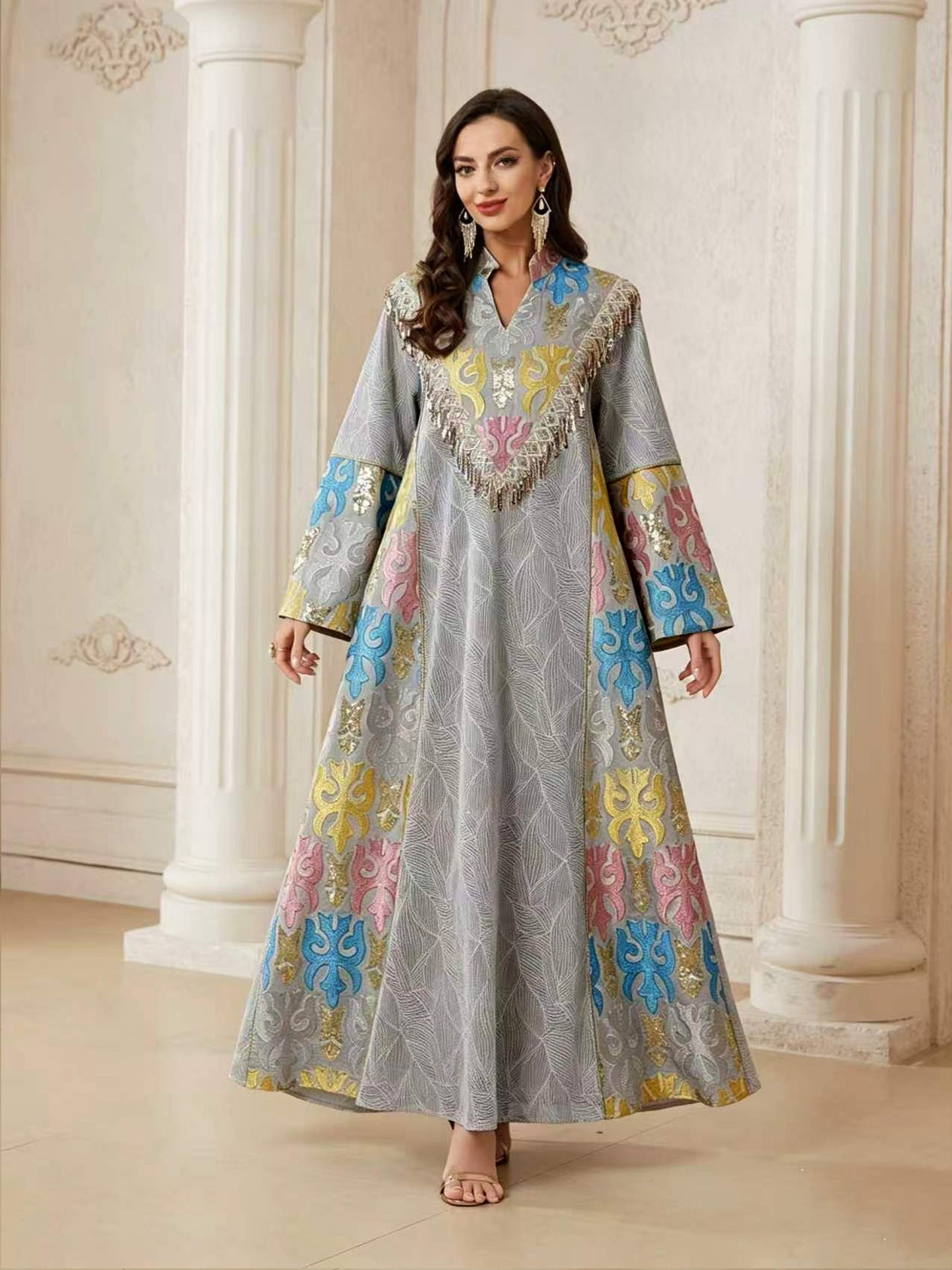 Women Grey White Colorful Embroidery Tassel V Stand Collar Flare Sleeve Abaya Loose Long Dubai Muslim Modest Kaftan Maxi Dress For Wedding Eid Ramadan