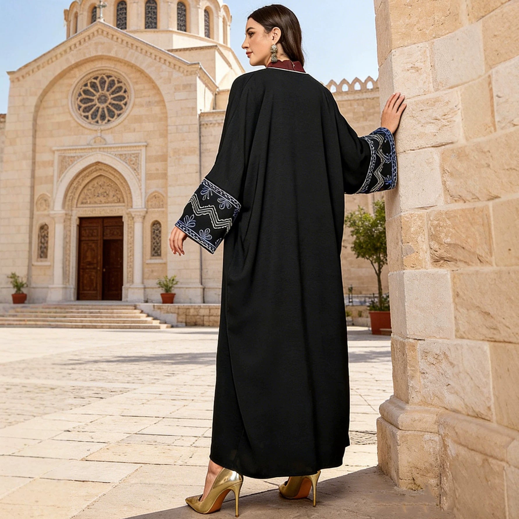 Black Embroidered Open Cardigan Modest Maxi Abaya - Free Size