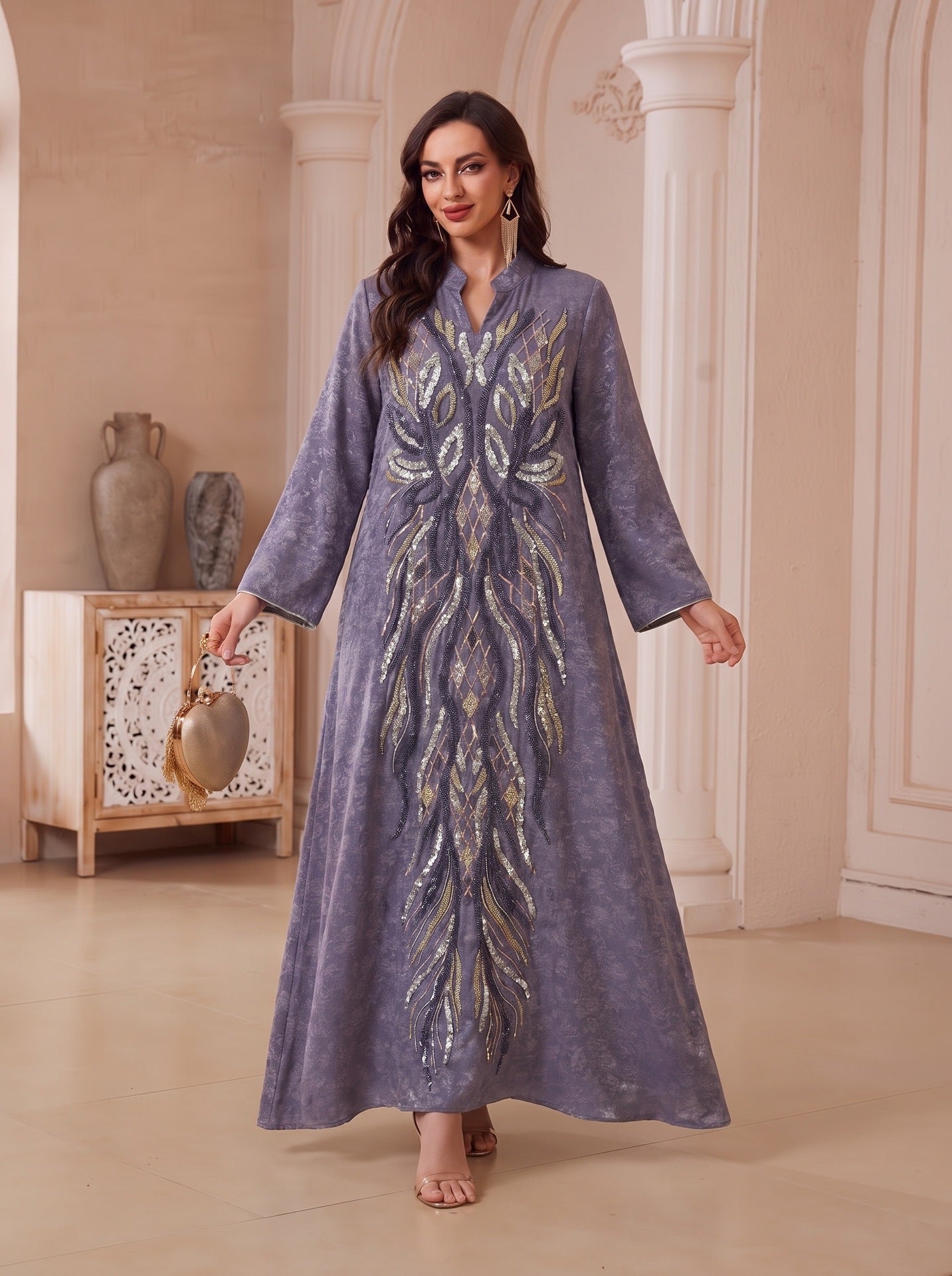 Multi-Color V-Neck Beaded Embroidered Jacquard Maxi Abaya Dress