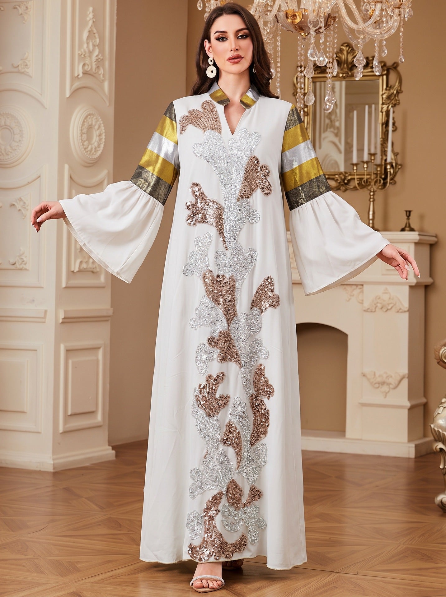 Black White V-Neck Embroidered Ethnic Rhinestone Modest Maxi Abaya