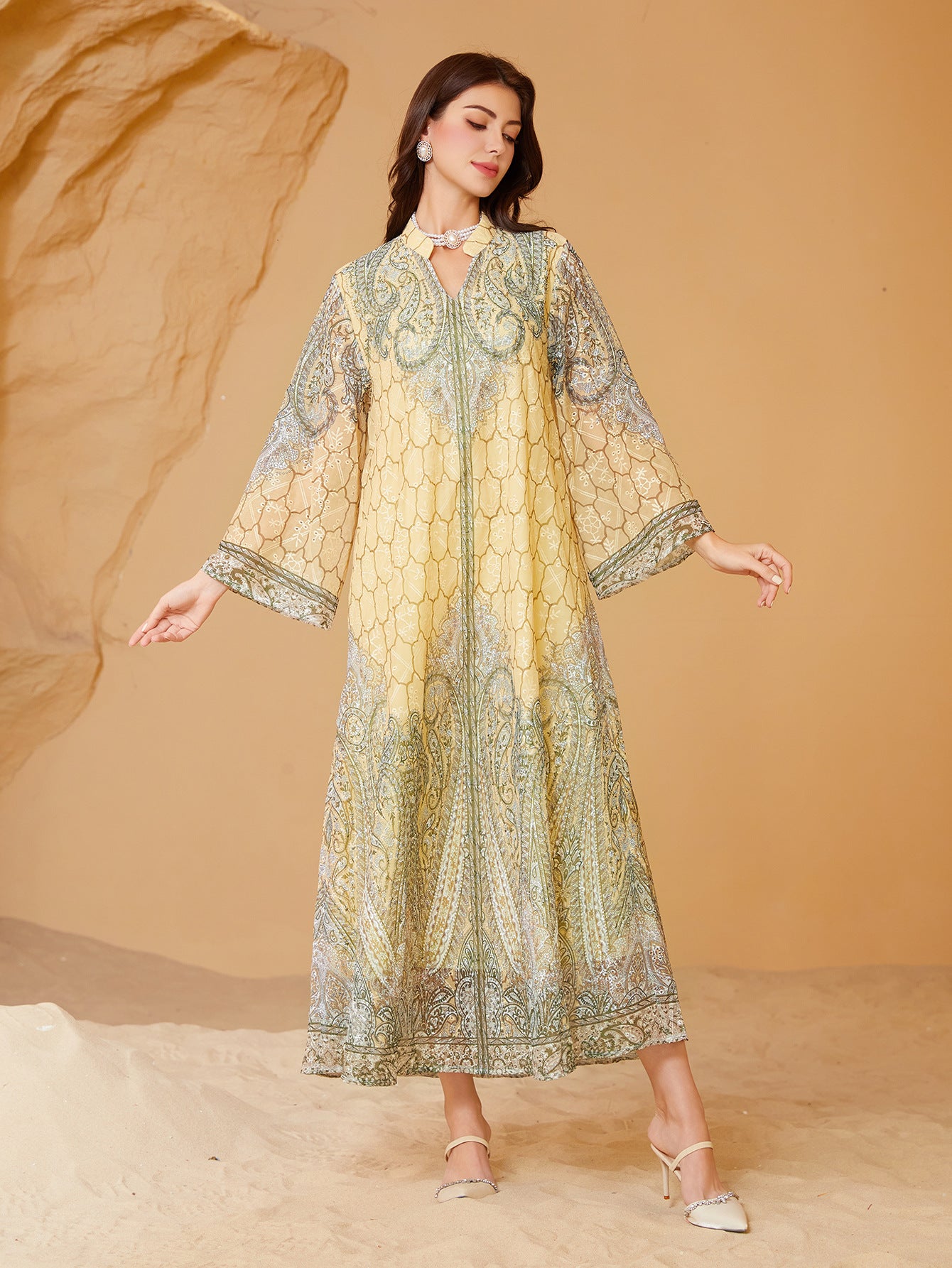 Exquisite Yellow Rhinestone Beaded Kaftan Abaya Maxi Eid Ramadan