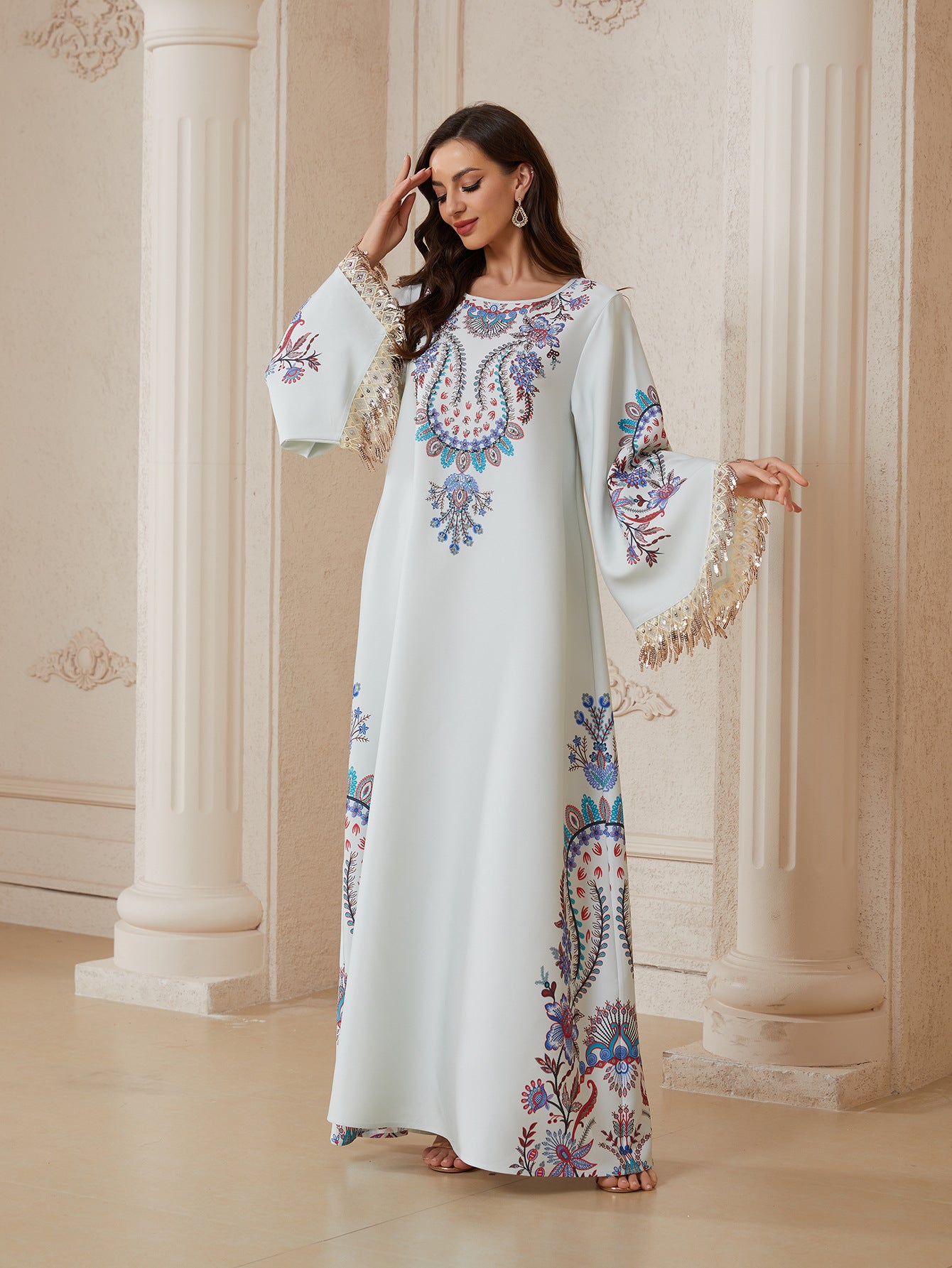 Women Round Neck Paisley Floral Embroidery Abaya Gold Sequin Fringe Wide Flare Sleeve Maxi Jalabiya White Crepe Ethnic Modest Gown For Eid Mubarak Ramadan Wedding Evening Party