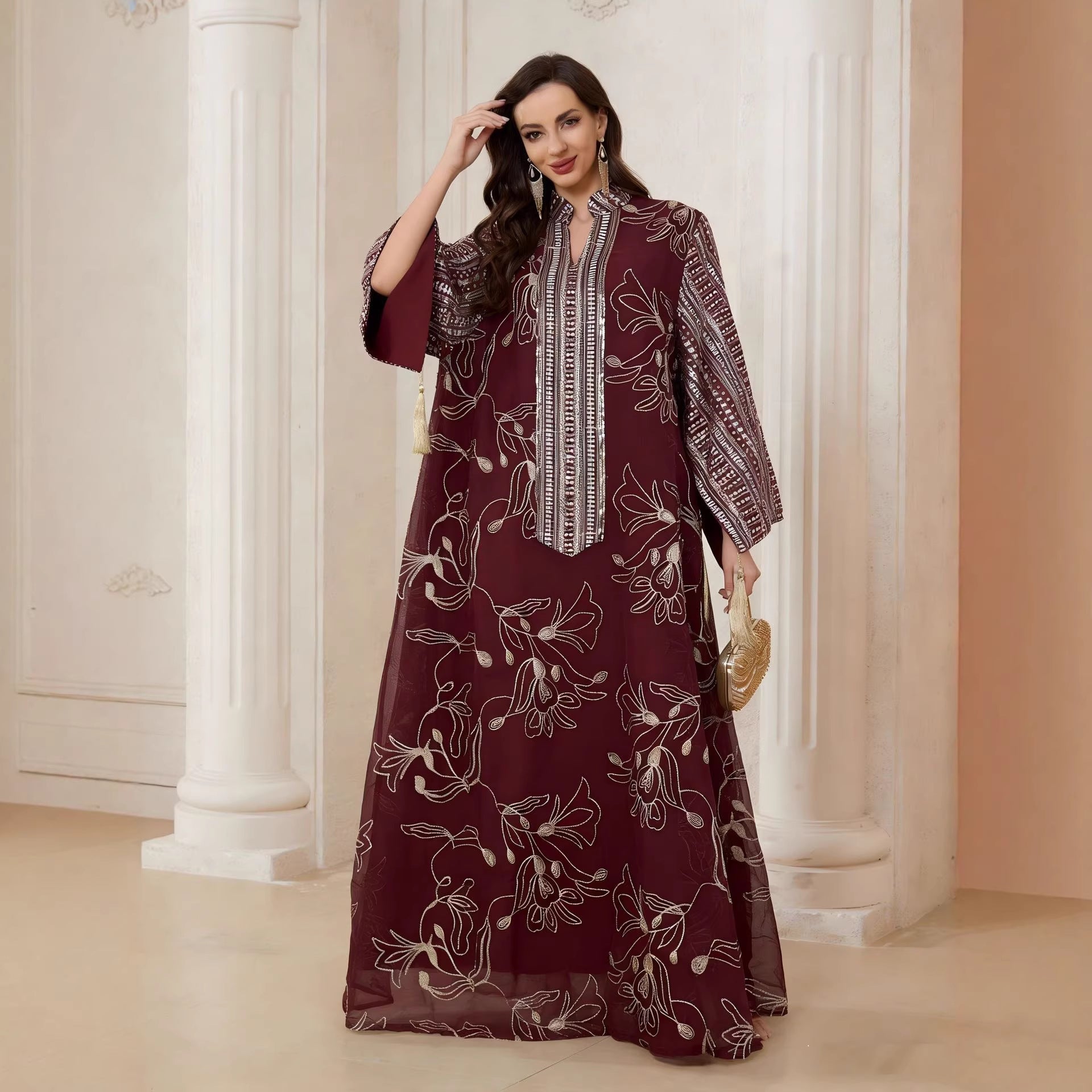 Sage Green Nude Burgundy 3 Tone Embroidered Muslim Maxi Dress Sequin Sleeve Flowy Chiffon Ramadan Vacation Robe