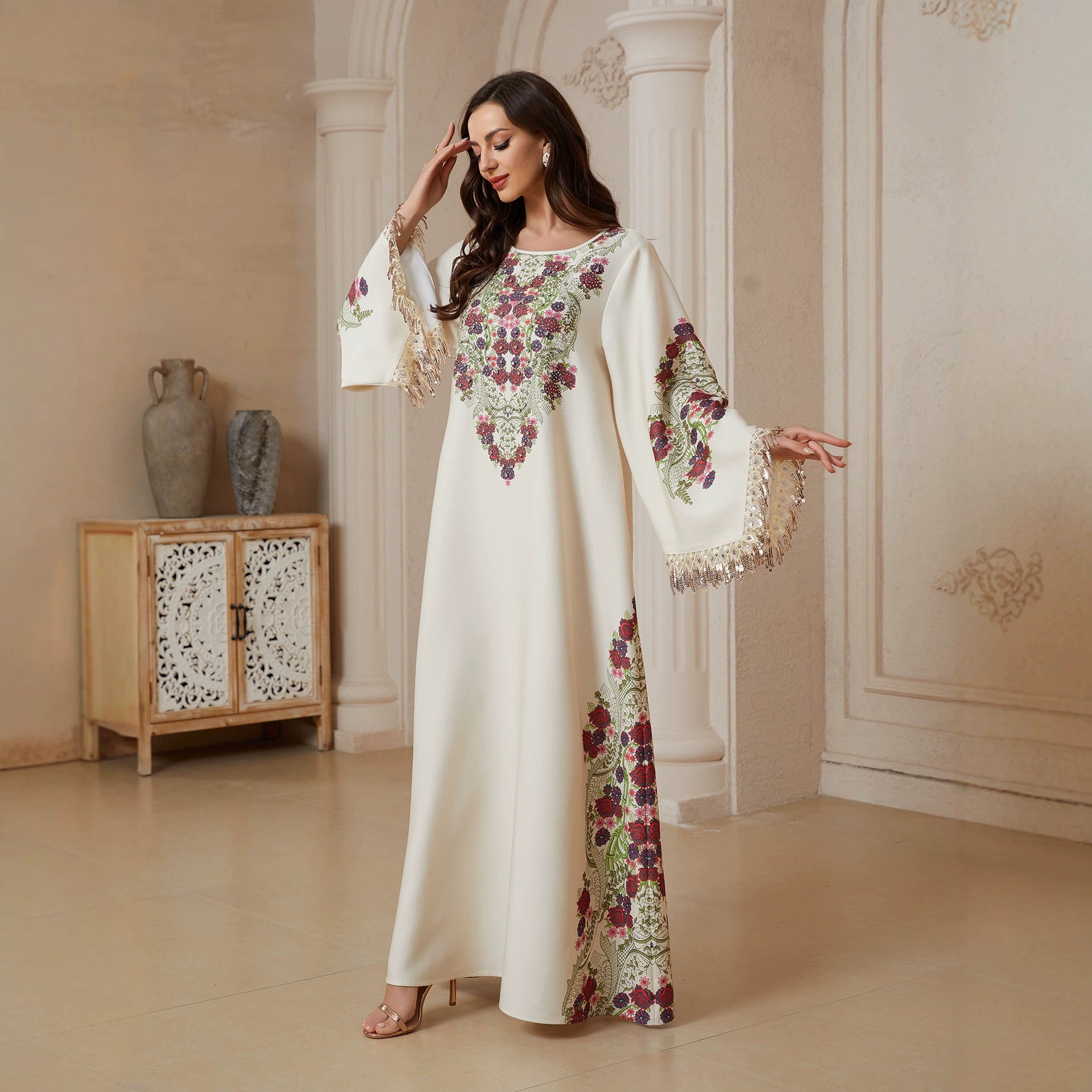 Round Neck Vintage Floral Print Jalabiya Women Gold Tassel Flare Sleeve Maxi Kaftan Loose Draped Modest Dress For Eid Mubarak Ramadan Casual Party Holiday Outfit
