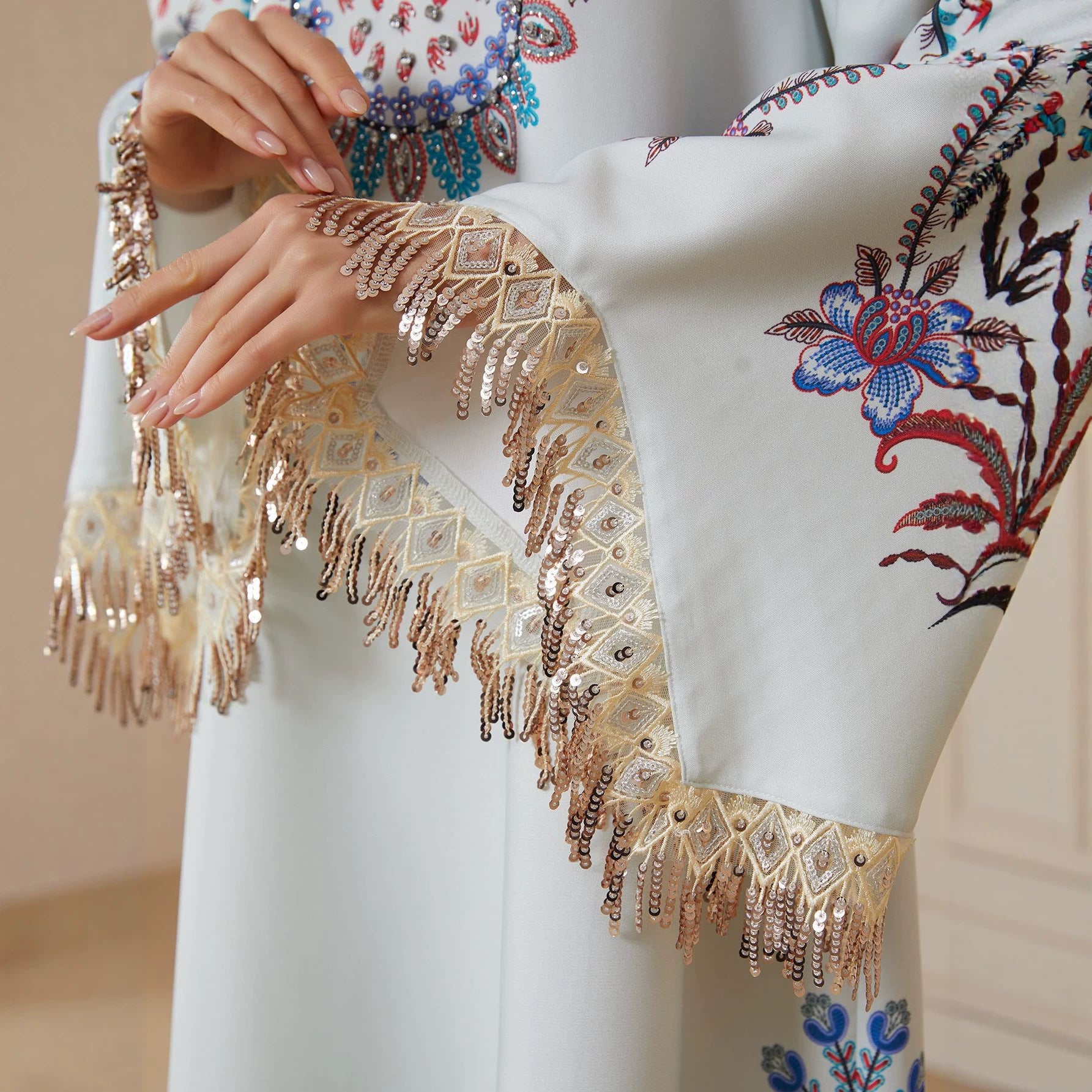Women Round Neck Paisley Floral Embroidery Abaya Gold Sequin Fringe Wide Flare Sleeve Maxi Jalabiya White Crepe Ethnic Modest Gown For Eid Mubarak Ramadan Wedding Evening Party