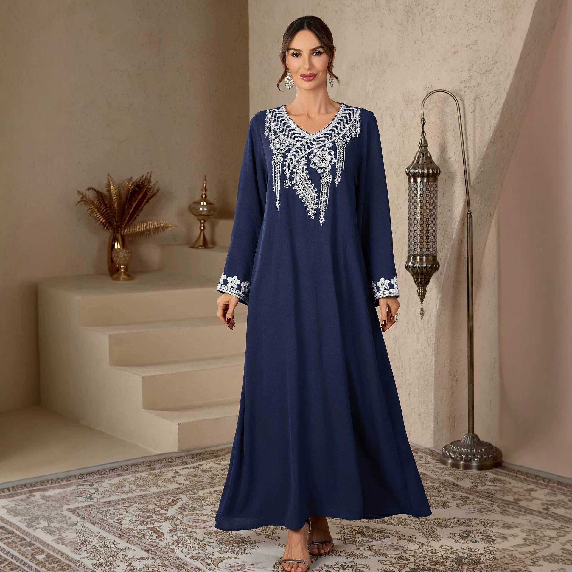 V-Neck Embroidered Kimono Abaya Maxi Dress Muslim Women Modest Long Jalabiya Kaftan Gown for Eid Ramadan Daily