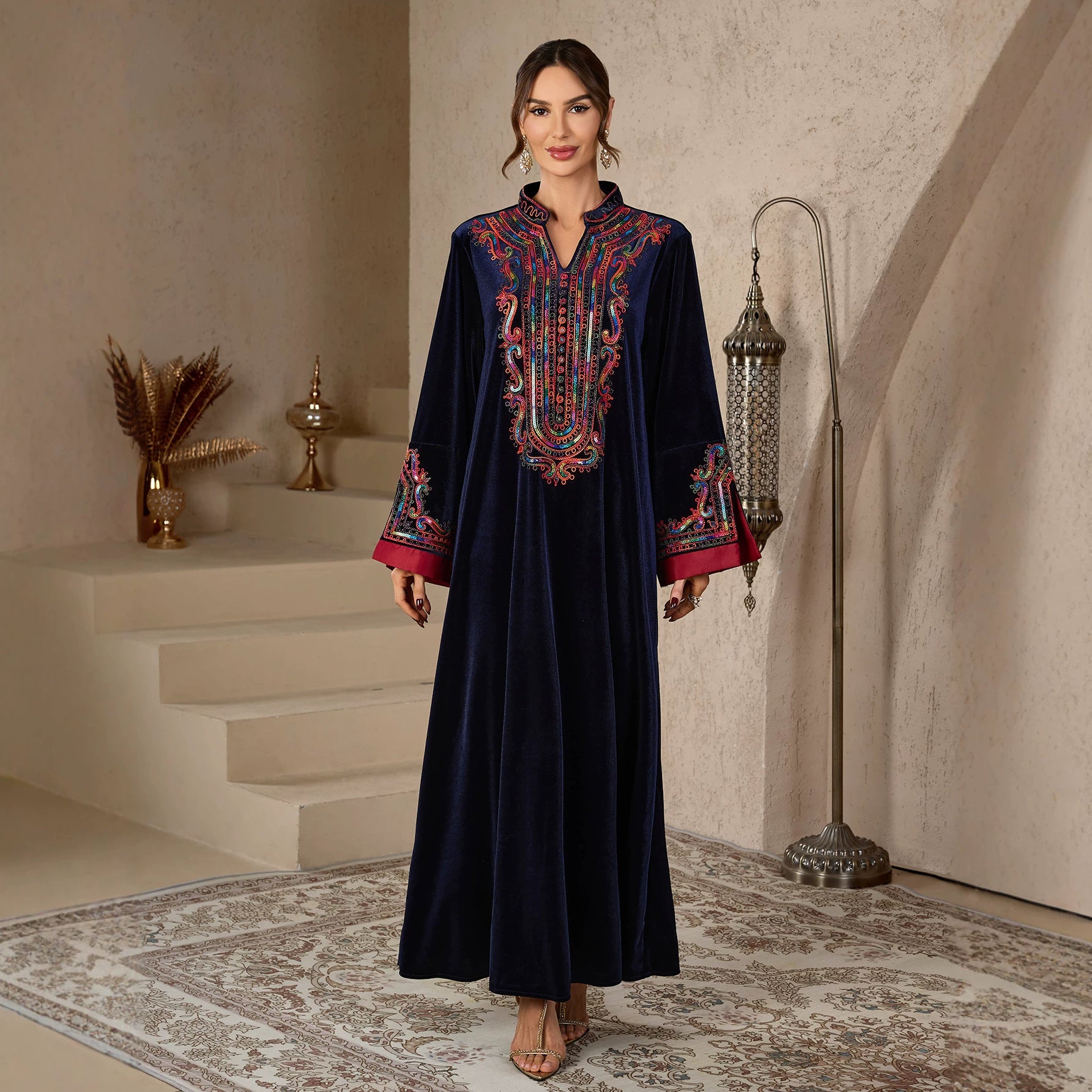 Navy and Black Ethnic Rhinestone Applique Embroidered Maxi Abaya Dress