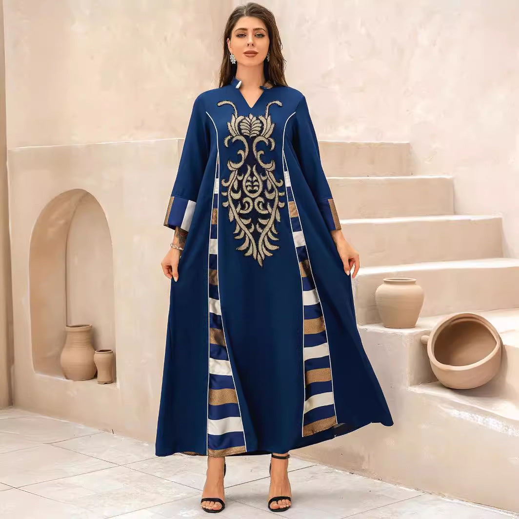 Dubai Islamic Modest Abaya Dark Blue V Neck Luxury Gold Embroidery White Gold Stripe Side Panel Oversized Kaftan Gown For Muslim Ladies Holiday Party