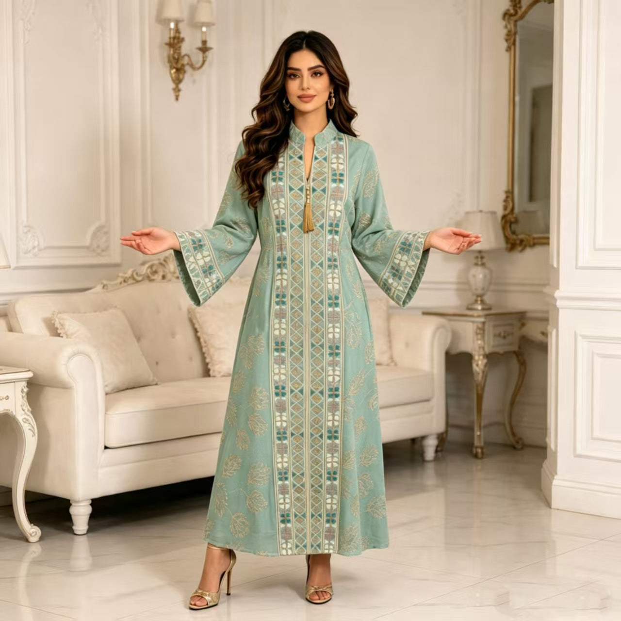 Black Cyan Ivory Peach V-Neck Heavy Embroidered Maxi Abaya Dress