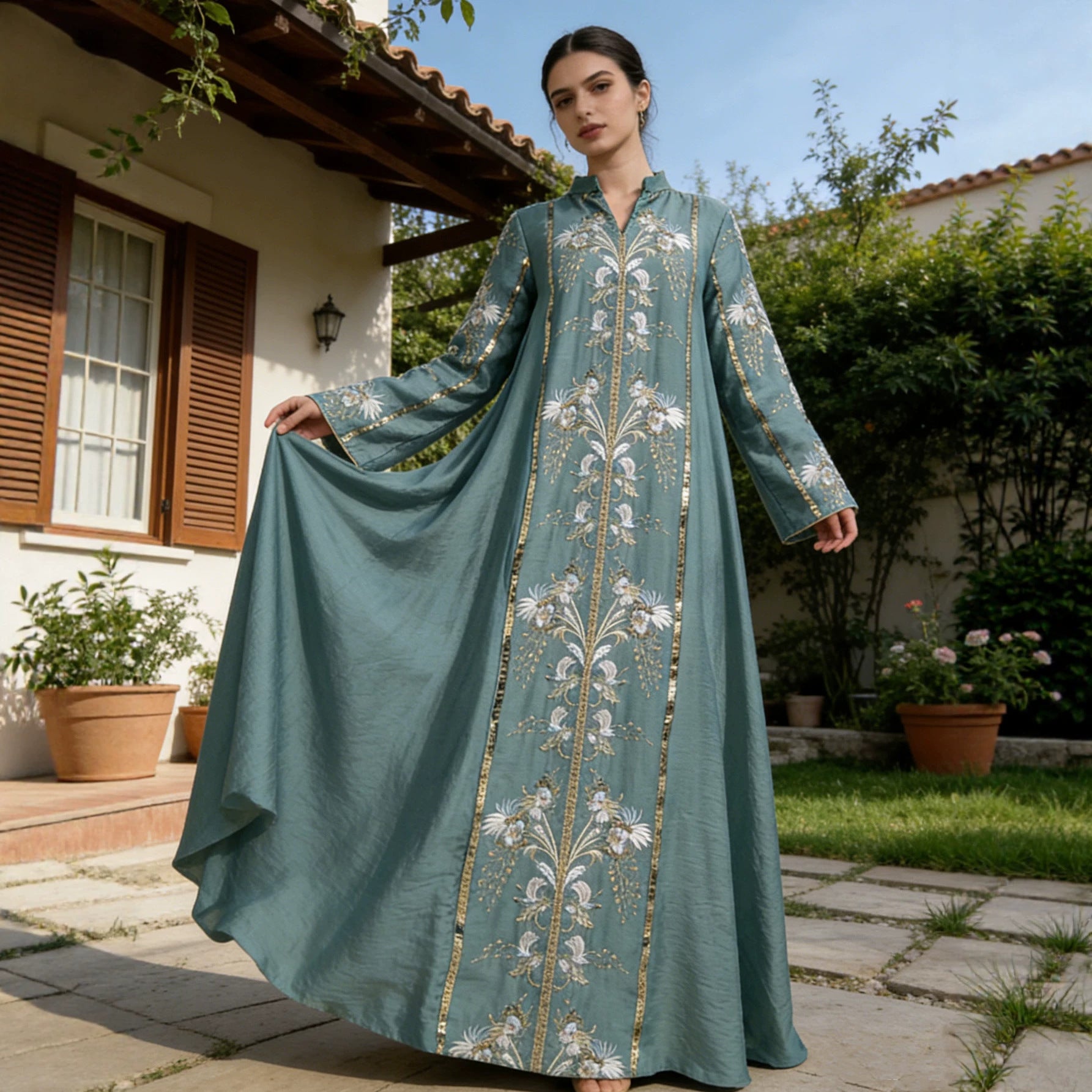 Sequin Applique Embroidered Abaya Jalabiya Modest Long Maxi Dress for Muslim Women Eid Ramadan Formal Evening Party S-XXL
