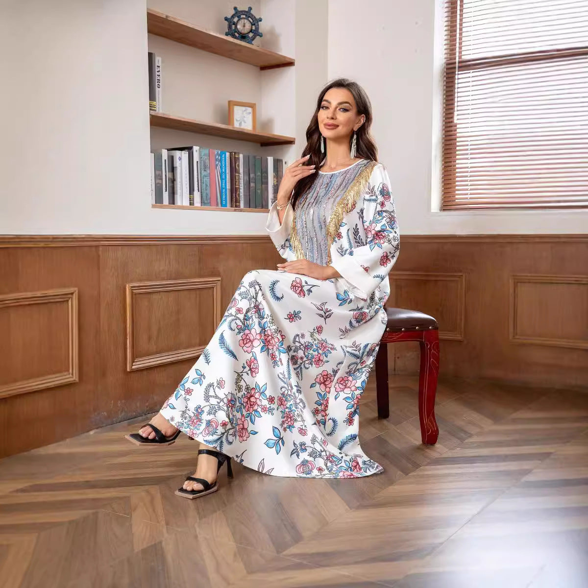 White Floral Print Elegant Abaya - Loose Fitting Modest Long Robe