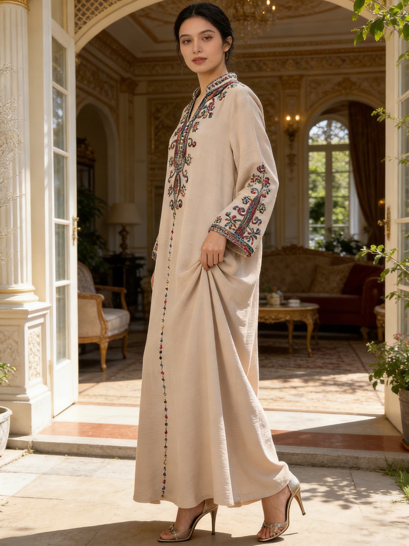 Stand Collar Heavy Embroidered Modest Abaya Jalabiya Long Maxi Dress for Muslim Women Ramadan Prayer Casual Wear S-XXL