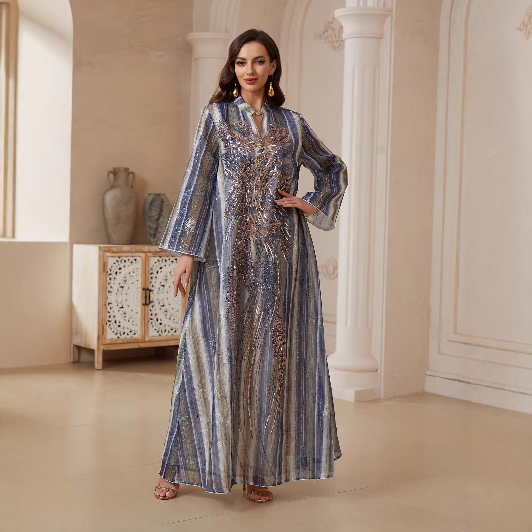 Gradient Stripe Sequin Embroidery Abaya For Women Stand Collar Flare Long Sleeve Dubai Luxury Muslim Kaftan Modest Maxi Dress For Eid Ramadan Wedding Evening Party