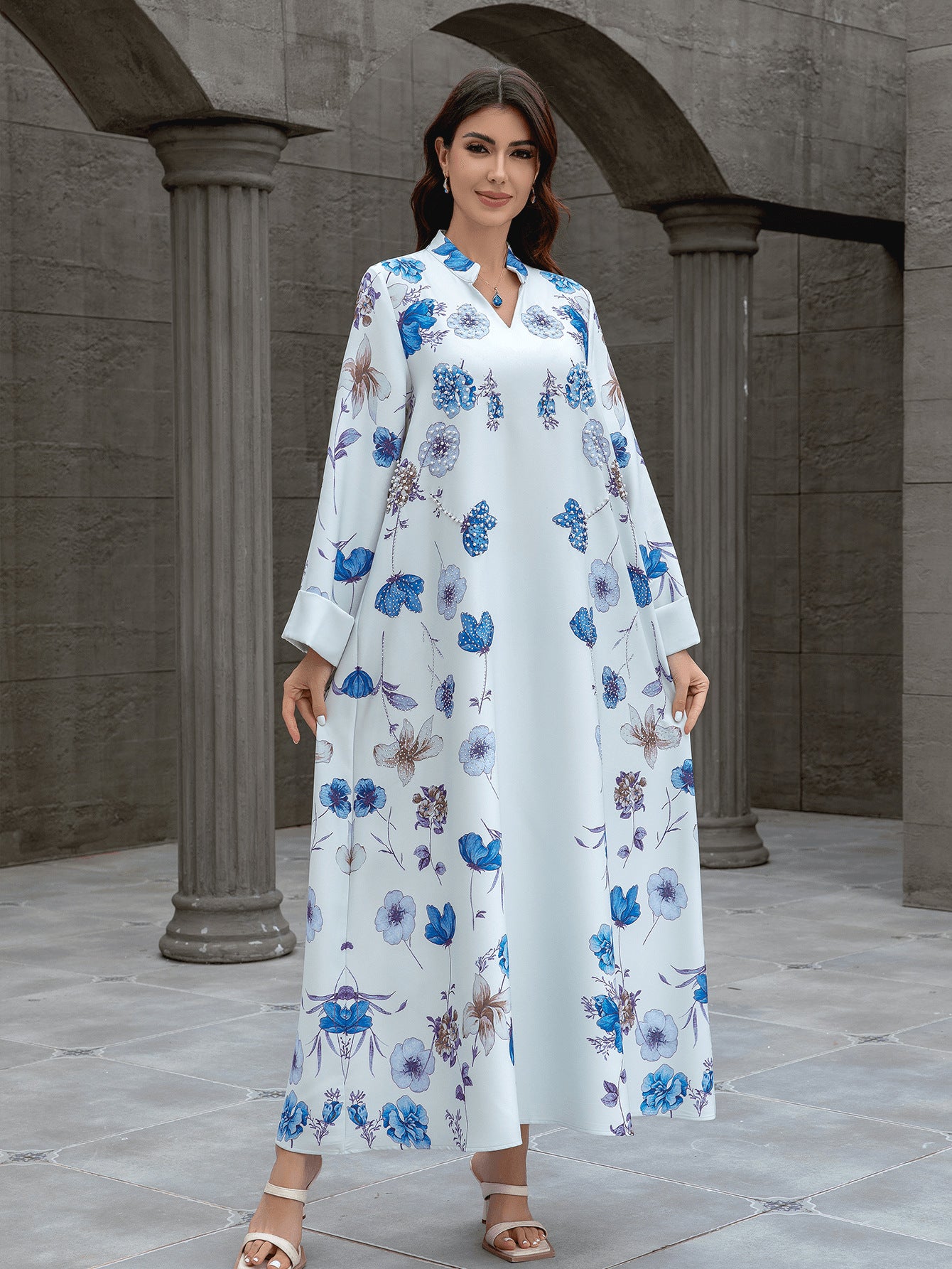 Light Blue Rhinestone Mandarin Collar Embroidered Maxi Abaya Dress
