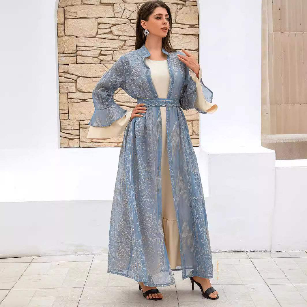 Premium Gold Embroidered Two Piece Abaya Set Women Light Blue Sheer Stand Collar Flare Sleeve Open Robe Matching Waist Belt Floor Length White Inner Dress Luxury Modest Outfit For Middle East Eid Celebration & Nikkah Wedding Ceremony