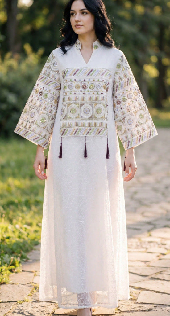 Women Off White Crack Textured Jacquard Heritage Geometric Embroidery Luxury Beaded Tassel Split Stand Collar Flare Sleeve Moroccan Caftan Loose Full Length Gulf Modest Maxi Robe For Eid Al Fitr Nikkah Wedding