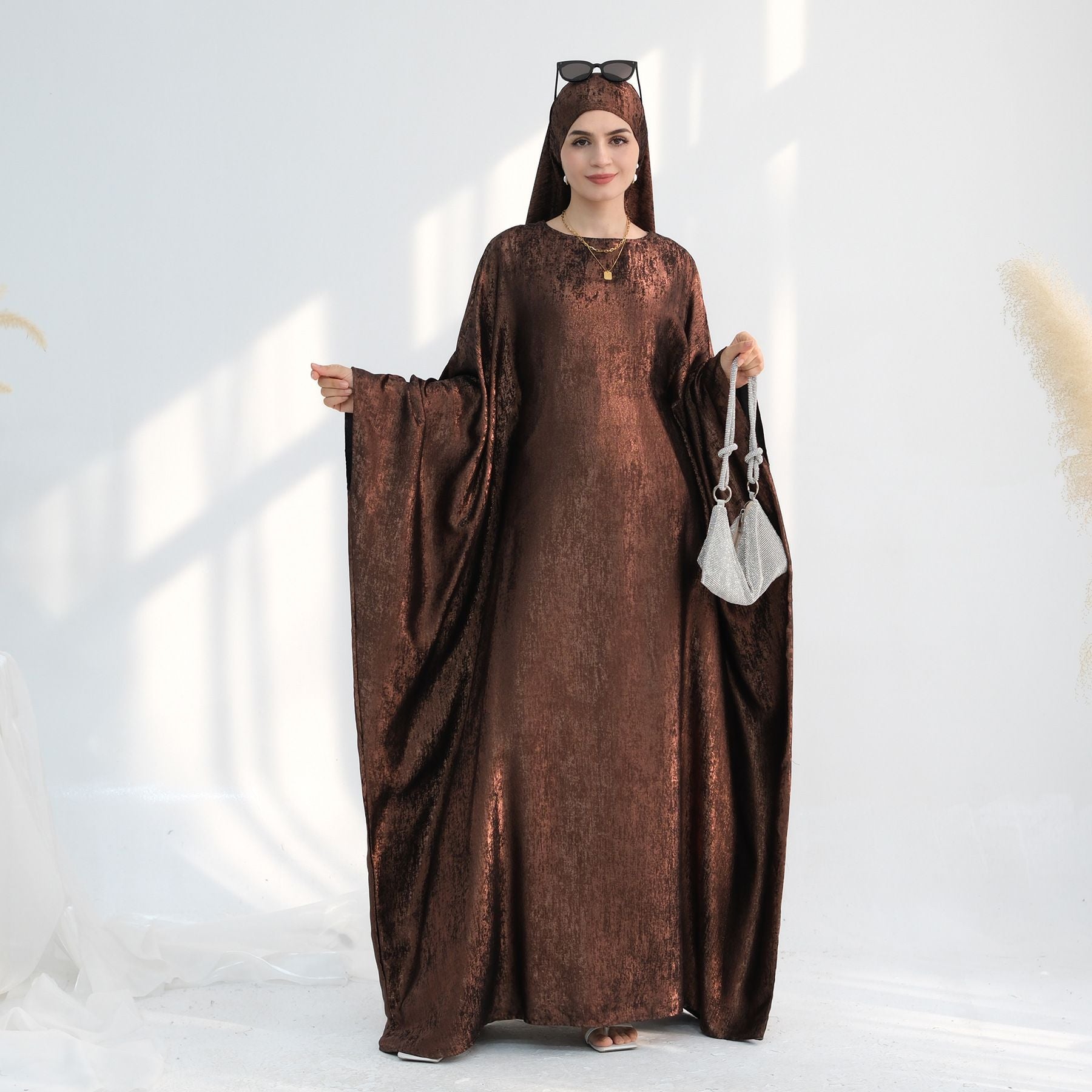 Coffee and Pink Gold Foil Batwing Sleeve Round Neck Maxi Abaya Dress - Free Size