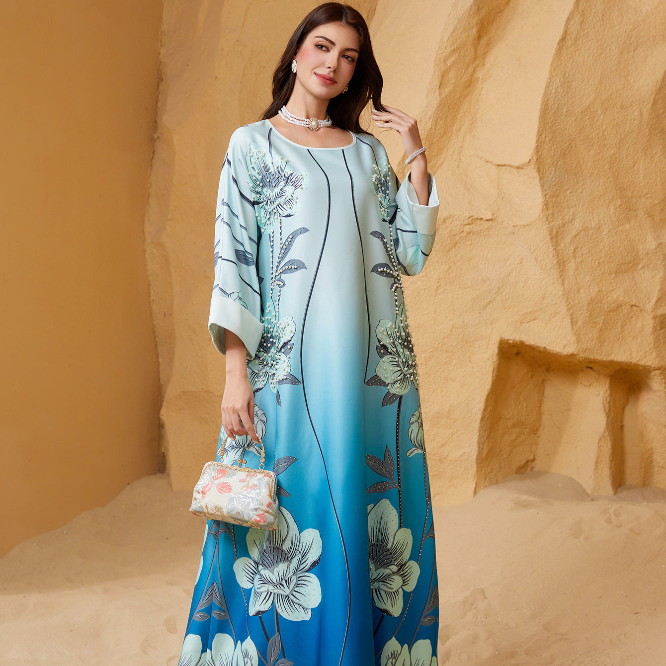 Sky Blue Rhinestone Beaded Round Neck Floral Maxi Dress