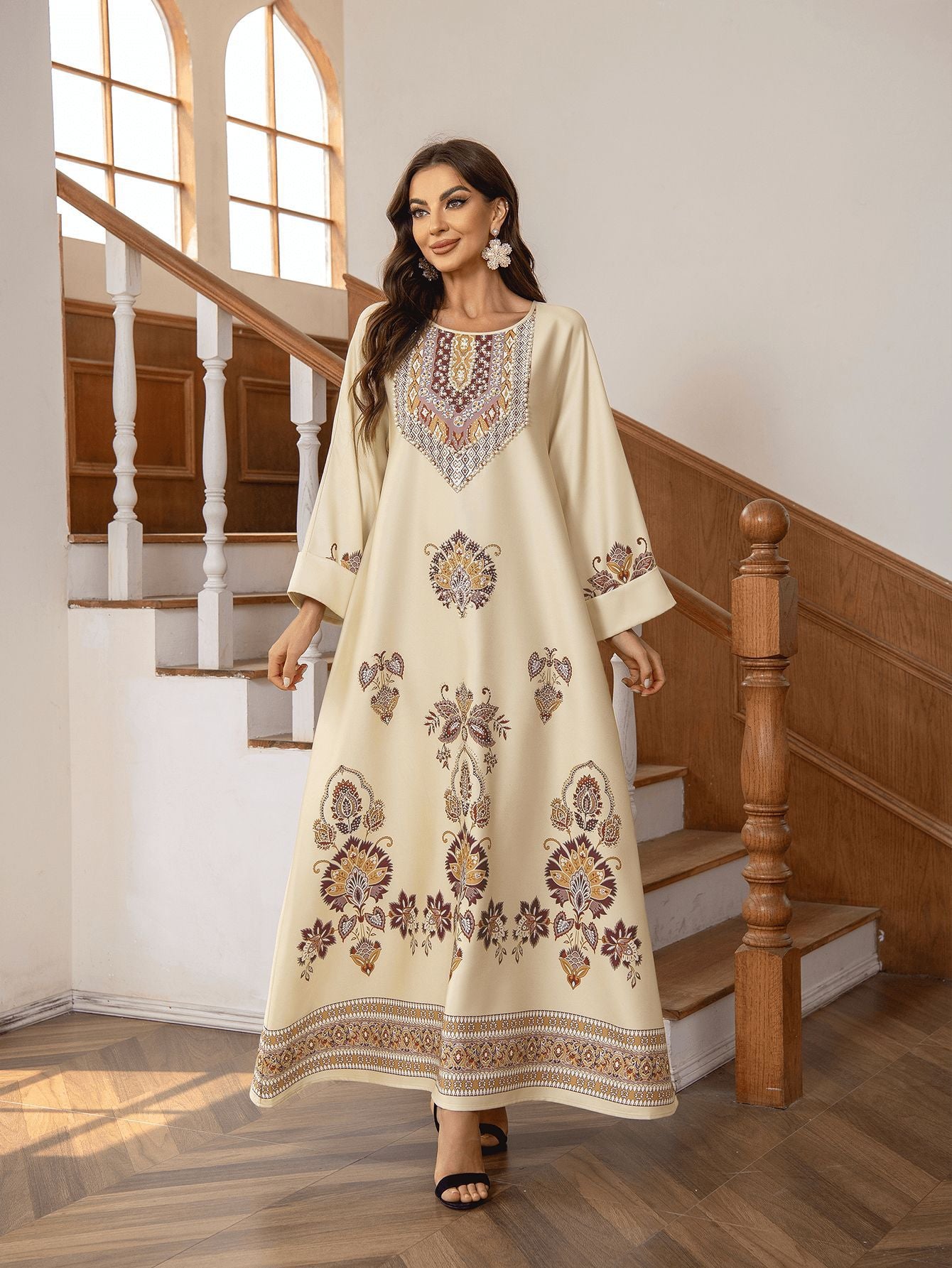 Elegant Khaki Brown & Nude Two-Tone Printed Round Neck A-Line Kaftan Abaya with Rhinestone Beaded Jalabiya Modest Maxi Dress for Muslim Women Eid Ramadan Daily Wear Loose Floor Length Long Robe S-XXL