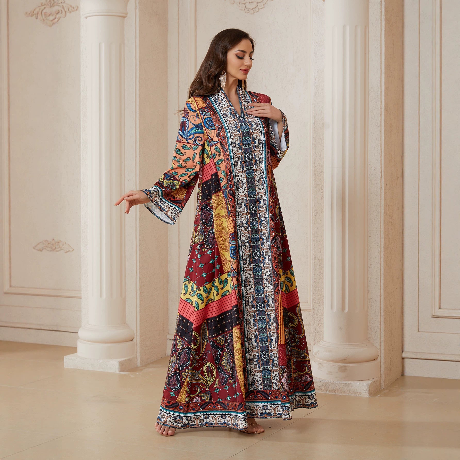 Floral Print Rhinestone Ethnic Abaya Robe - Modest Muslim Dress