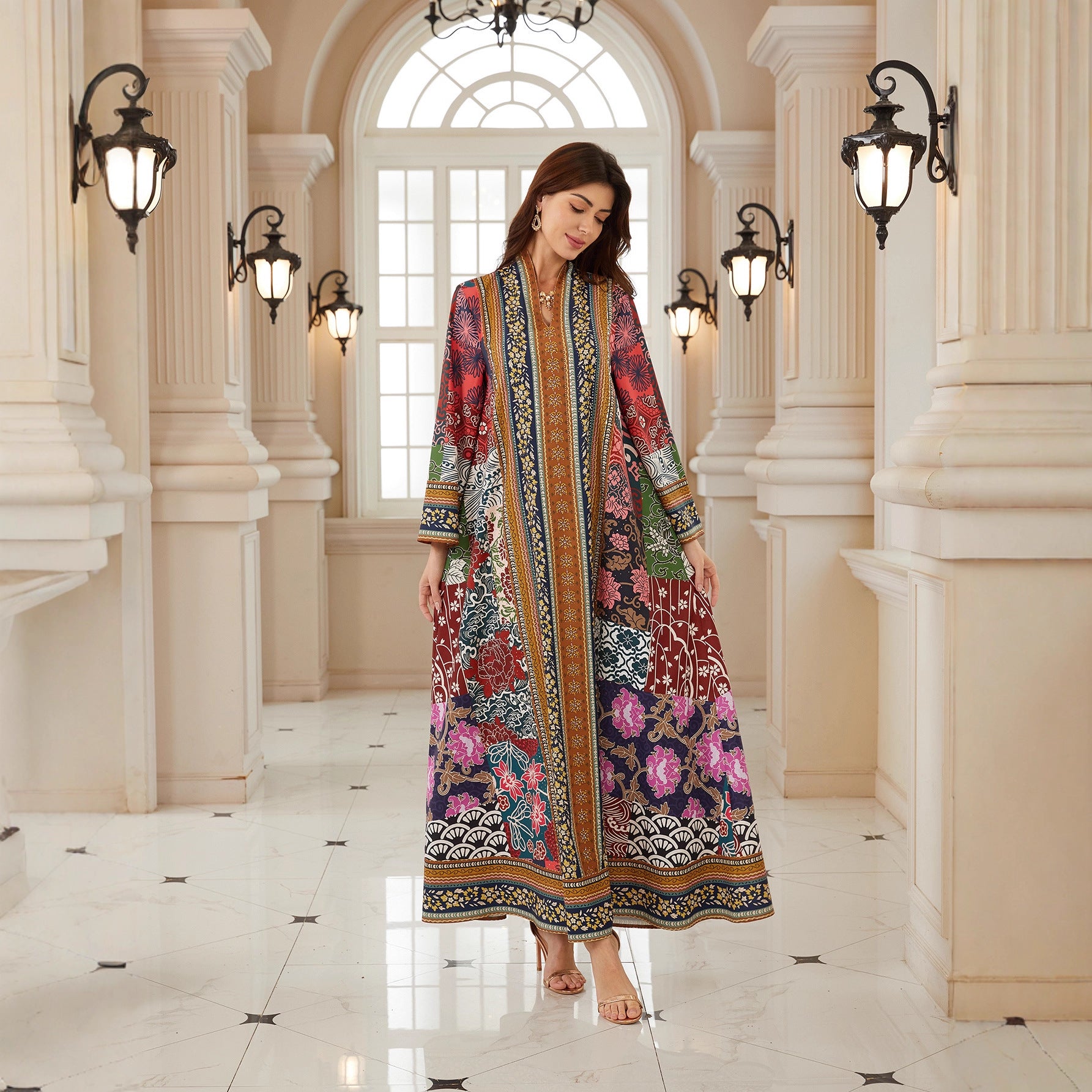 Radiant Floral Jalabiya – V-Neck Bohemian Modest Maxi Dress