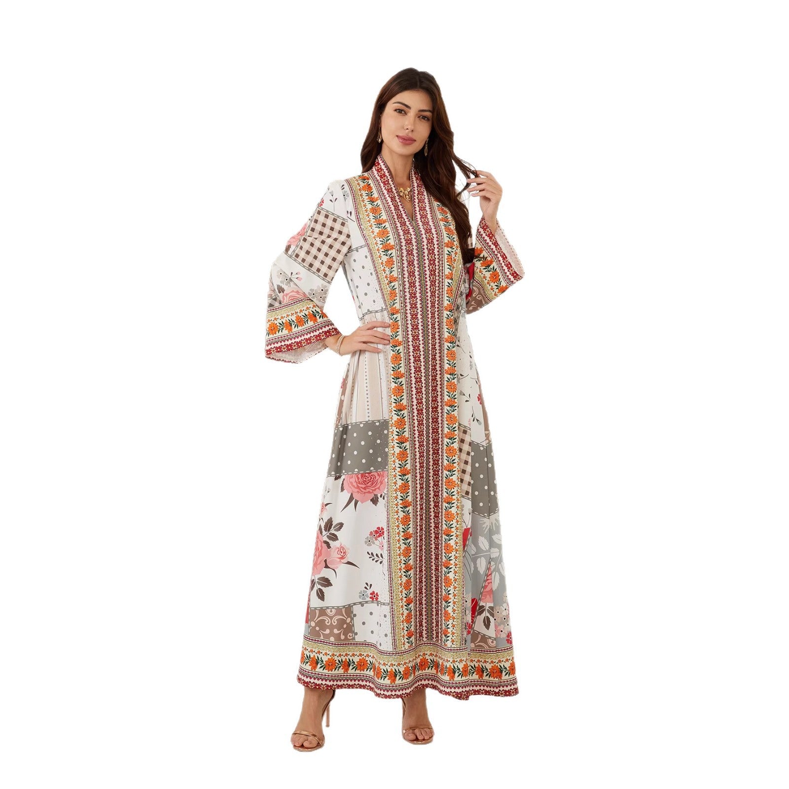 Elegant Floral V-Neck Abaya – Rhinestone Modest Maxi Dress