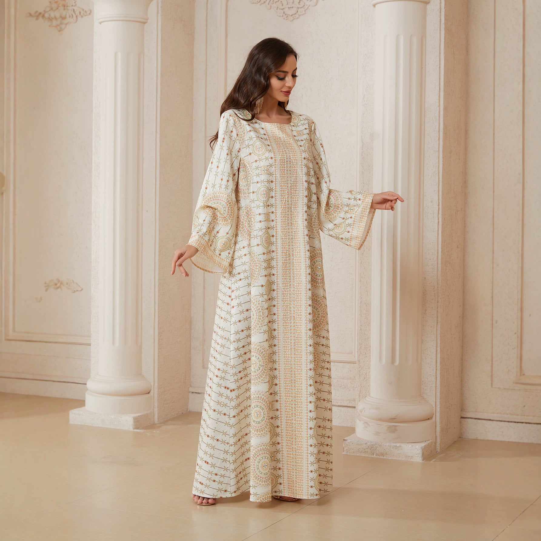 Ivory Nida Fabric Gulf Mandala Geometric Circle Print Round Neck Flowy Wide Sleeve Modest Women Maxi Jalabiya Thobe Full Length Islamic Dress For Ramadan Daily Gulf Wedding Guest Outfit