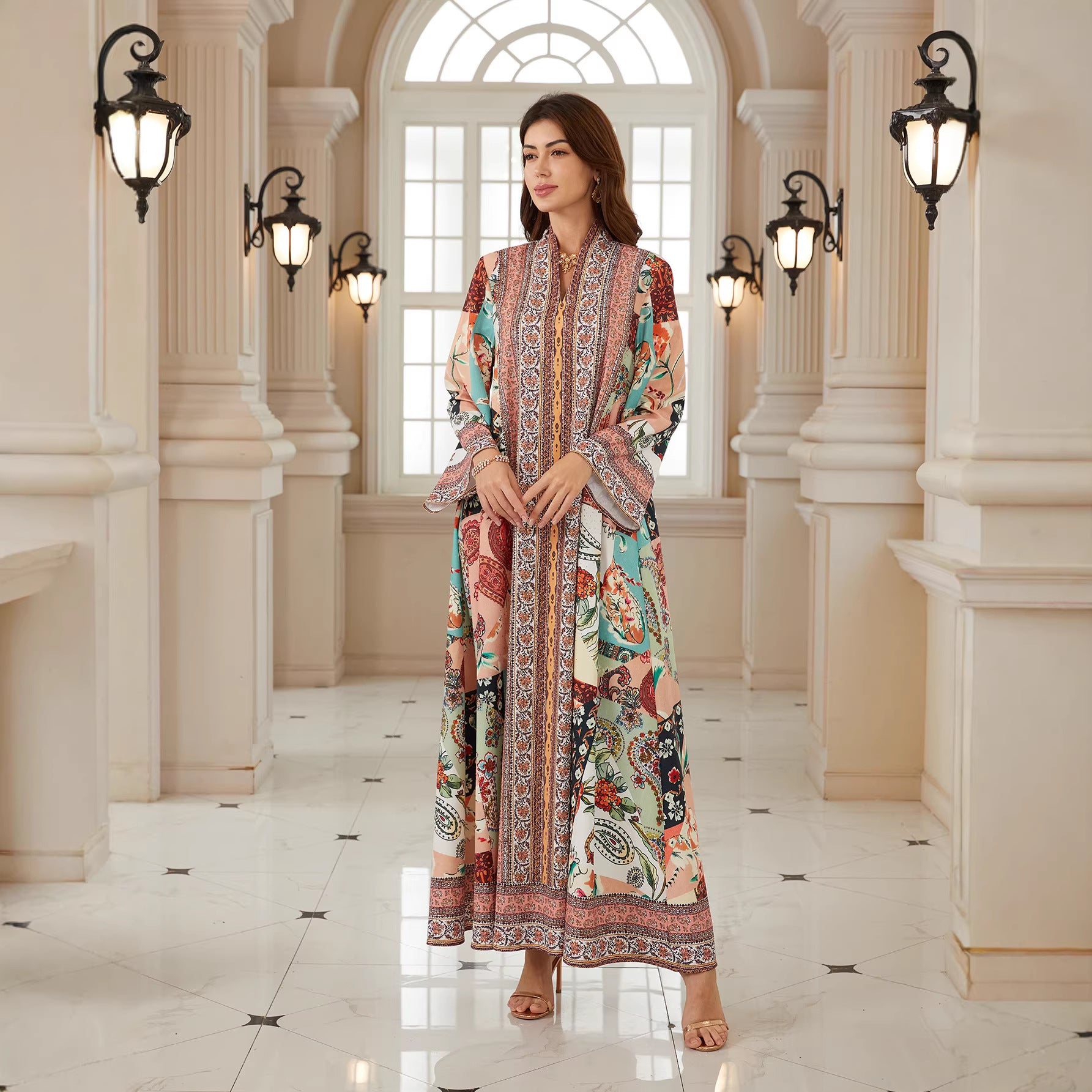 Boho Floral Jalabiya – Loose V-Neck Modest Maxi Dress