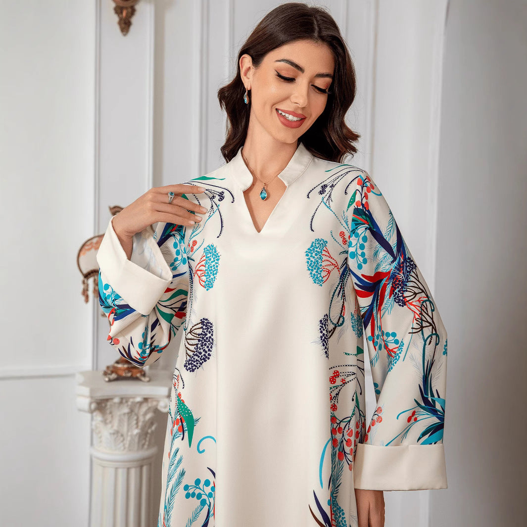 Refined Apricot Floral Print Kaftan – Bohemian Muslim Maxi Dress