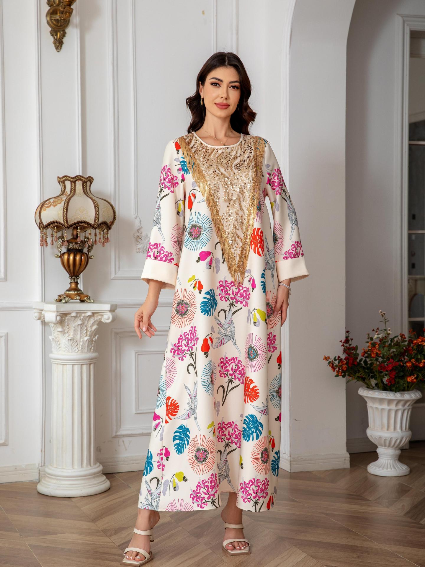 Ivory Floral Print V-Neck Maxi Abaya - Modest Long Dress for Women