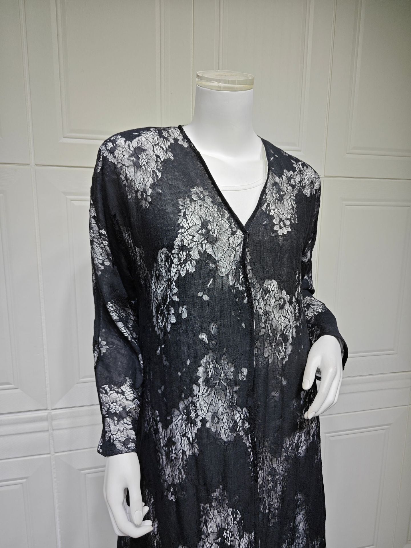 Black Lace Patchwork Lined Long Maxi Abaya - Modest Open Outerwear