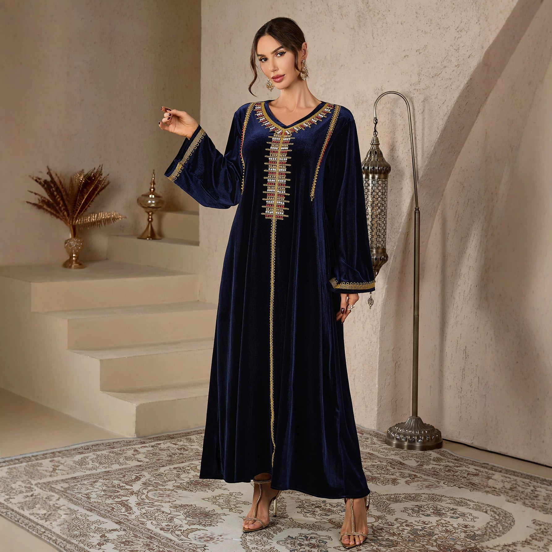 V-Neck Floral Embroidered Kaftan Dress Jalabiya Modest Long Maxi Dress for Muslim Women Eid Ramadan Formal Party S-XXL