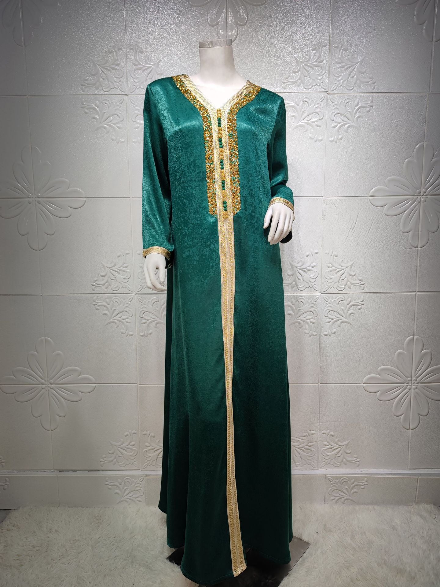 Moroccan Velvet Rhinestone Patchwork Ribbon Trim Plus Size Modest Maxi Dress