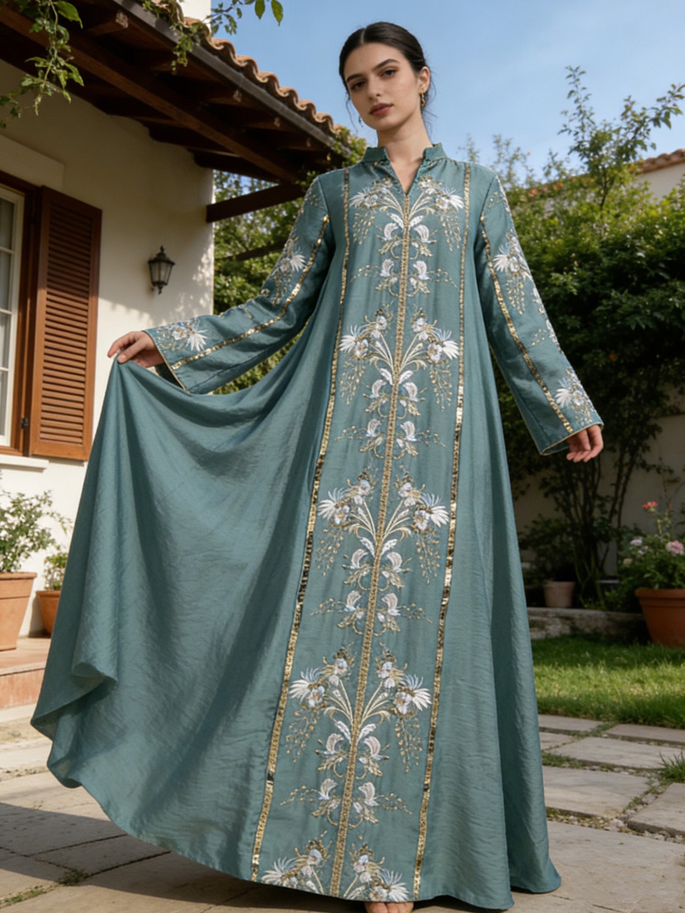 Sequin Applique Embroidered Abaya Jalabiya Modest Long Maxi Dress for Muslim Women Eid Ramadan Formal Evening Party S-XXL