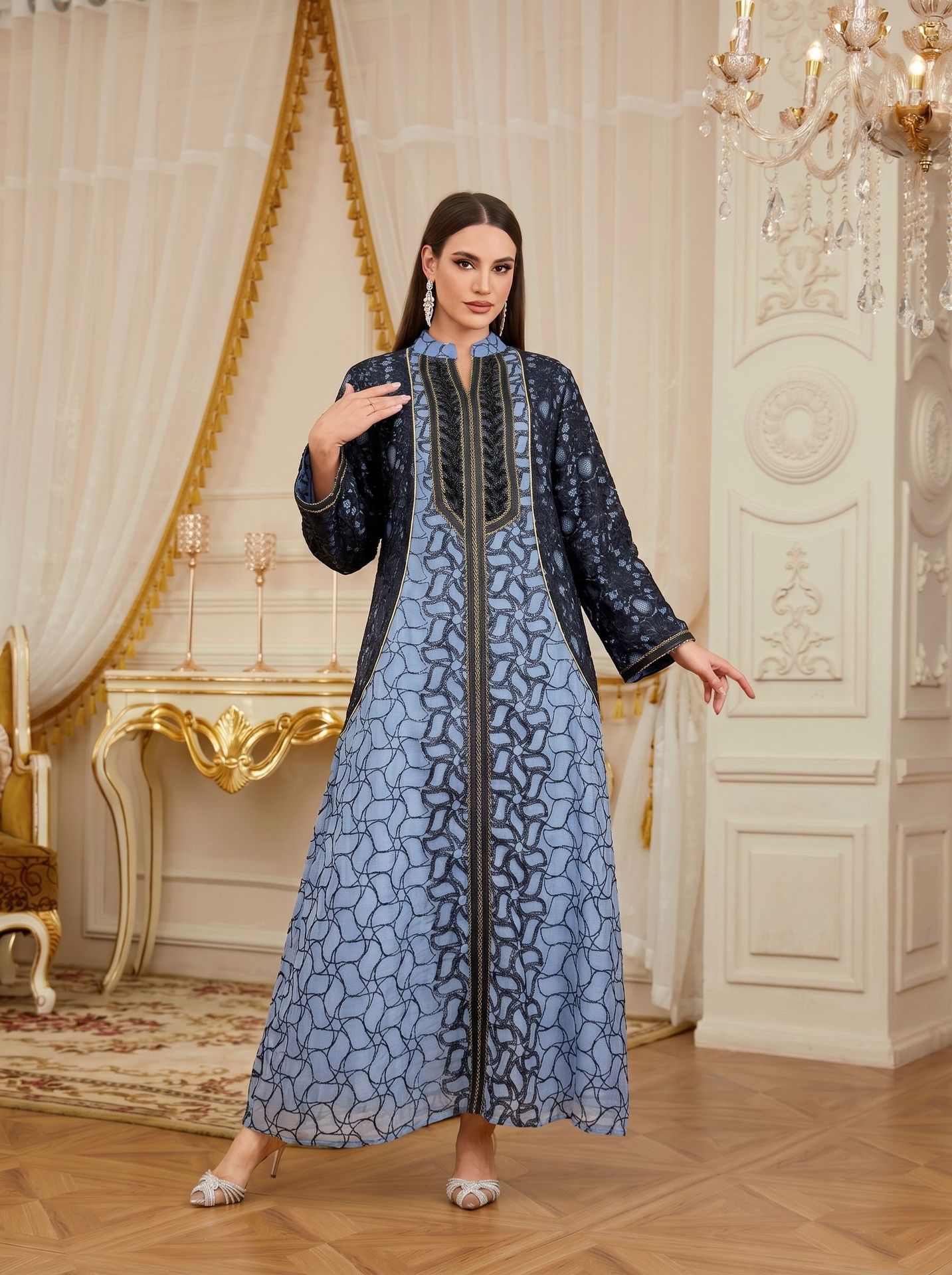 Luxury Banquet Sequin Embroidered Contrast Gown Jalabiya Modest Long Maxi Dress for Muslim Women Eid Ramadan Party S-XXL