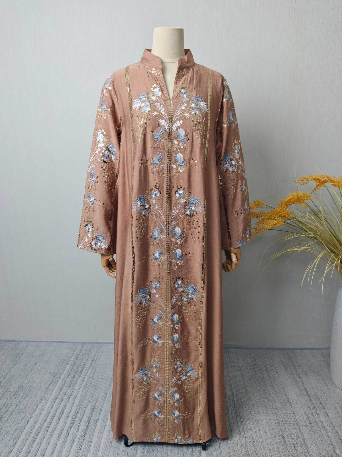 Vintage V-Neck Floral Embroidered Rayon Abaya Maxi Kaftan Dress for Muslim Women Elegant Ramadan Eid Celebration Gown - 251