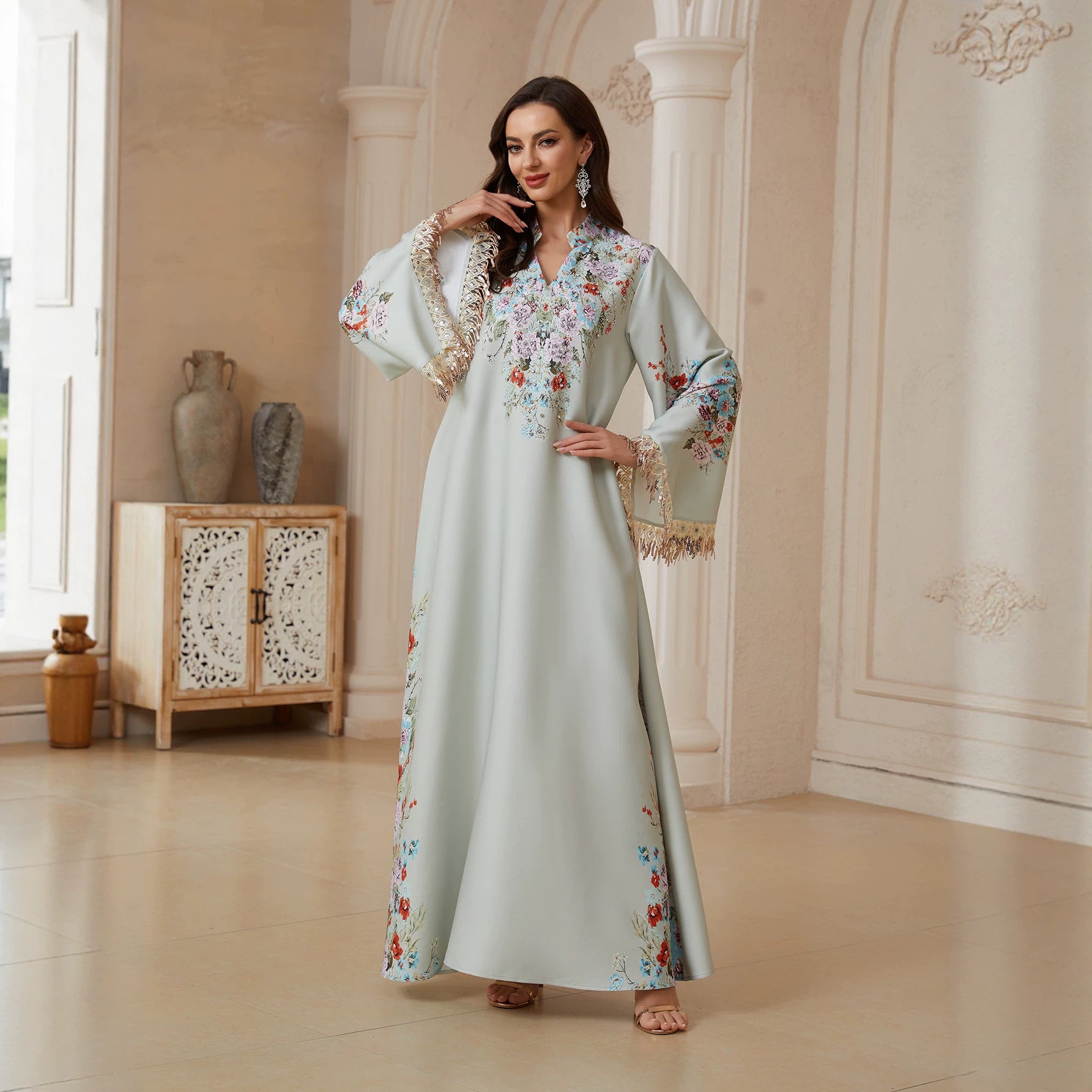 Women Stand Collar V Notch Floral Print Abaya Gold Metallic Tassel Flare Sleeve Maxi Jalabiya Pastel Satin Loose Modest Gown For Eid Mubarak Ramadan Wedding Party