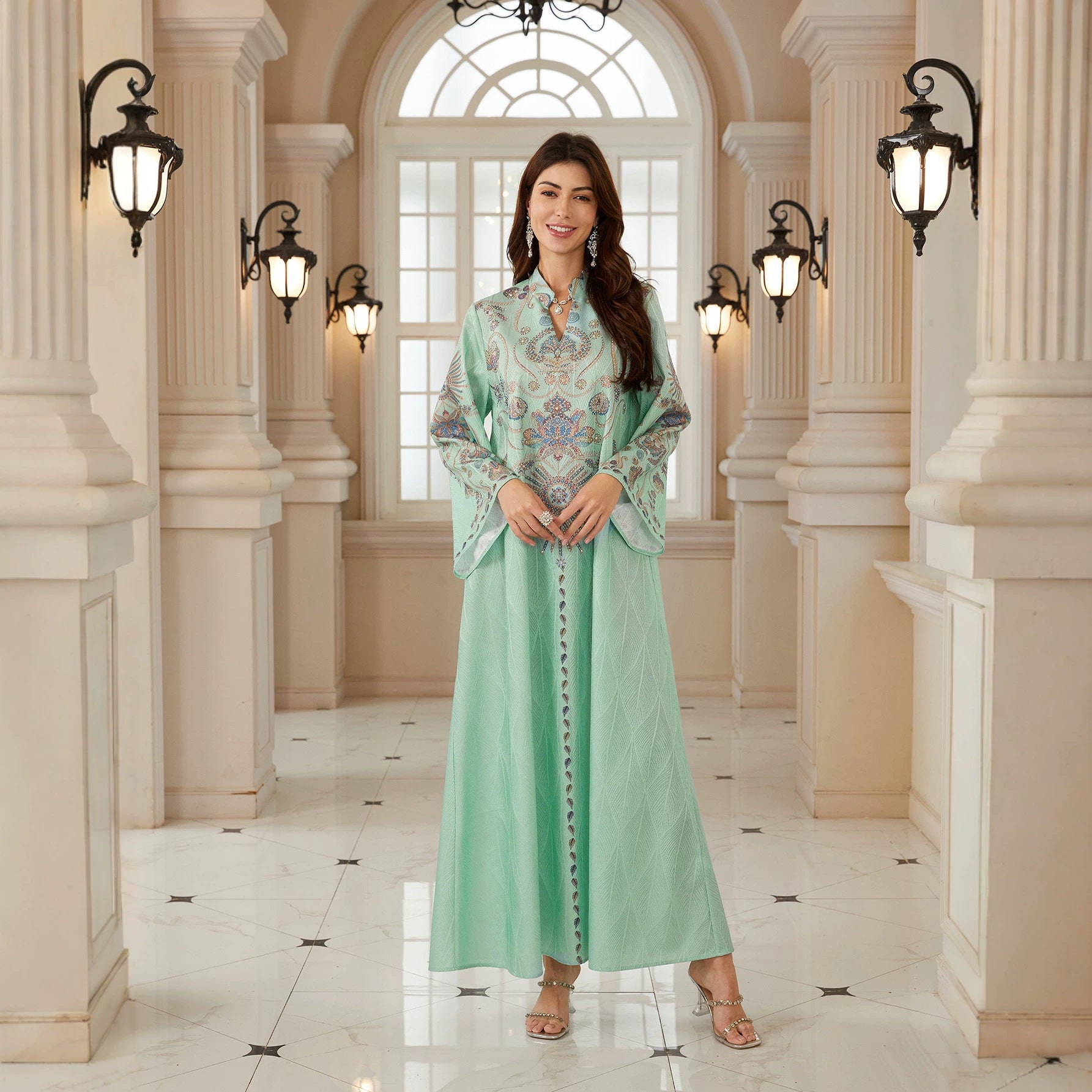 Mint Green Stand Collar Heavy Embroidery Abaya Flare Sleeve Textured Fabric Modest Muslim Women Full Length Kaftan Dress For Wedding Party Ramadan
