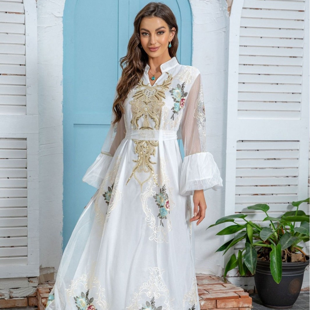 Ramadan Formal Embellished Abaya Champagne Gold Sparkly Rhinestone Stitch Round Neck Wide Flowy Sleeves