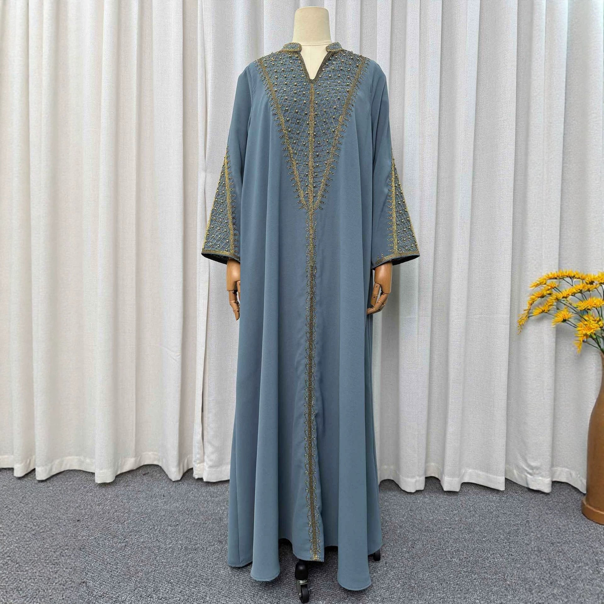 Sea Blue and Navy Heavy Gold Thread Embroidered Maxi Dress